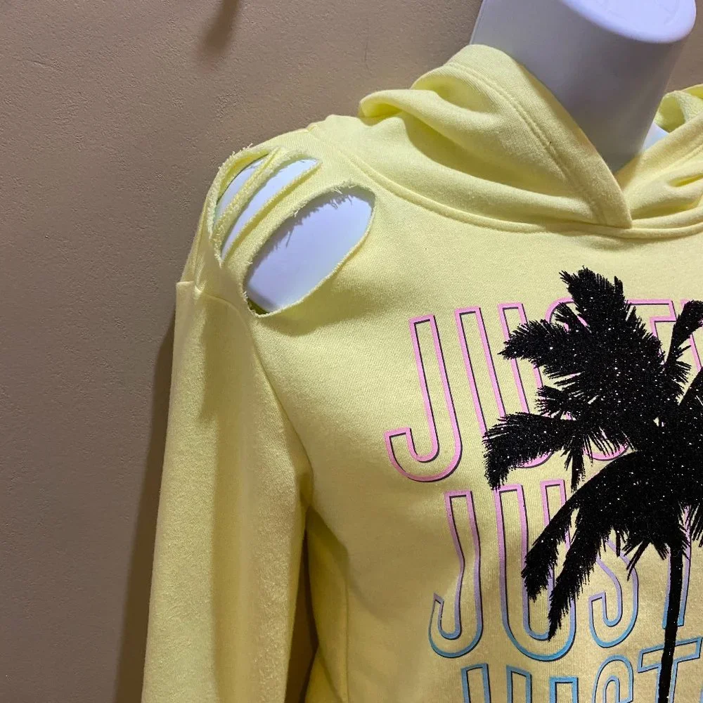 NWOT stylish Justice hooded palm tree sweatshirt with cut-outs size 12